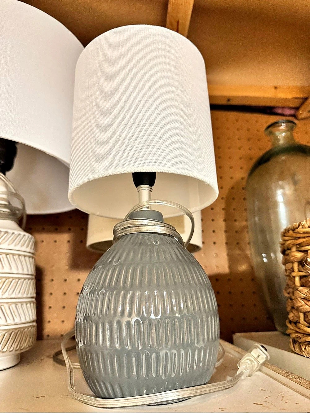 Light olive green Ribbed Table Lamp with White Shade